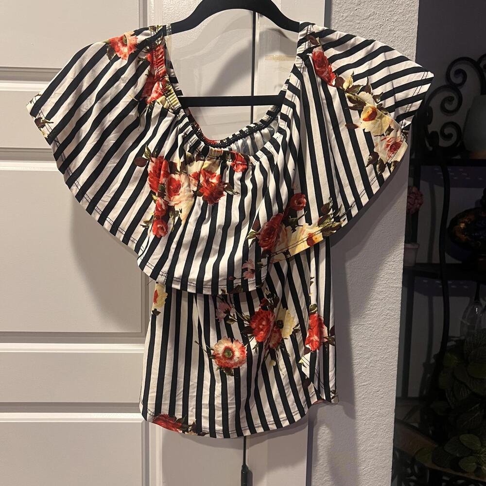 Vibes  Women's Striped Floral Off-Shoulder Top Size S